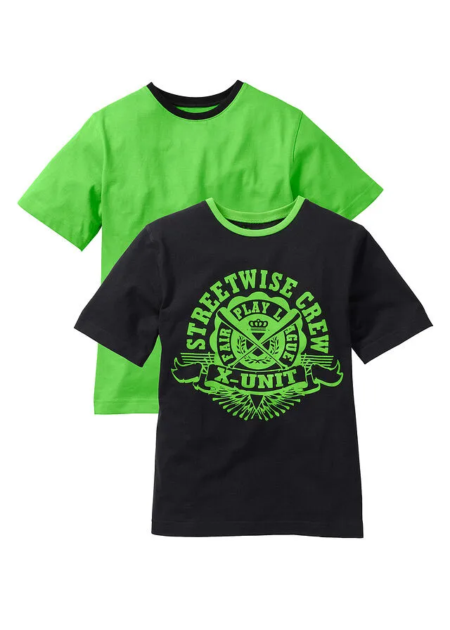 Camiseta para niños (2 unidades) de algodón orgánico Negro/verde brillante